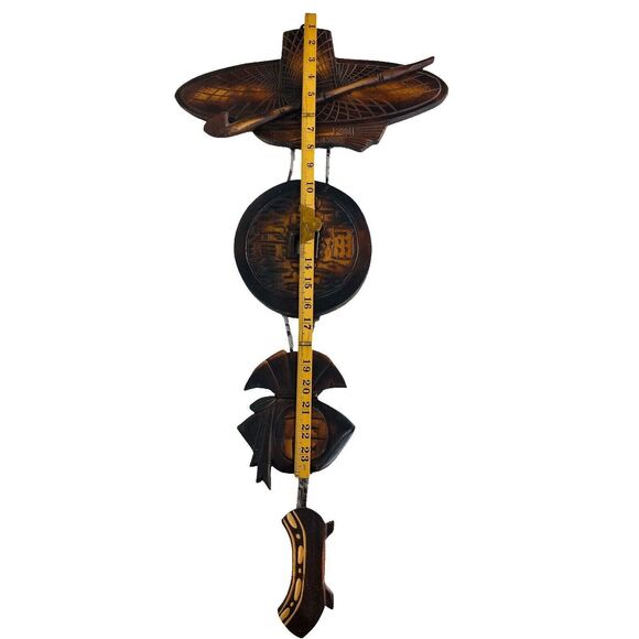 Vintage MCM Wood Asian Kiser Pipe Lucky Chinese Coin Money Bag Geta Wall Hanging - Picture 12 of 16